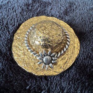 Vintage Hat Brooch Pin Charming Gold w/ Silver Flower - Signed